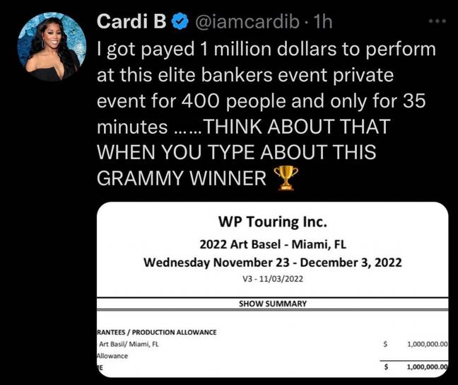 Got Paid Rapper Cardi B brags that she got paid $1million to perform 35-minute set