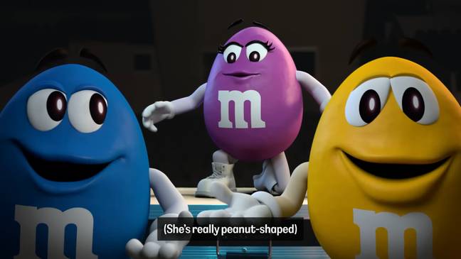 Purple met with her new friends in the cheesy music video. Credit: M&amp;M'S Chocolate/ YouTube