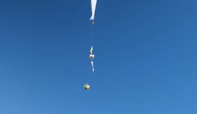 A balloon carried the egg up into space where it could be launched back down to Earth. Credit: YouTube/Mark Rober