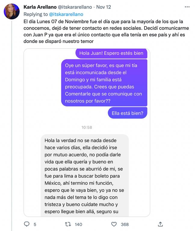 Blanca's family got in touch with her lover after she stopped all communication. Credit: Twitter / itskararellano