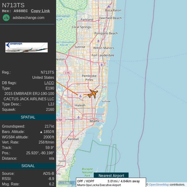 Travis Scott's plane also flew from 'near Miami, Florida' to 'Van Nuys, California'. Credit: @CelebJets/ Twitter