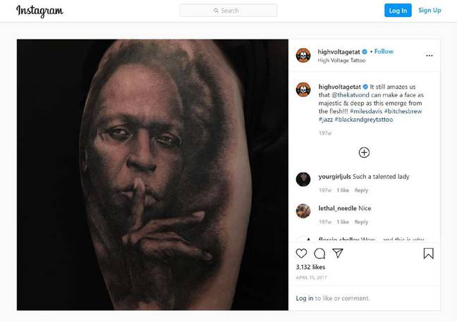Kat Von D shared her tattoo of Miles Davis - which is the centre of the lawsuit - on Instagram. Credit: Court filing