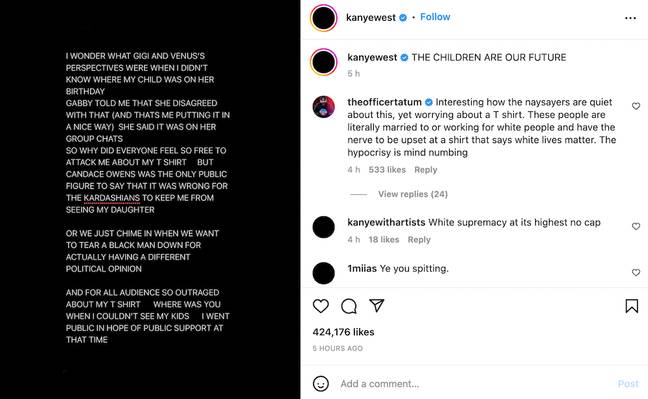 The rapper brought up the birthday party drama amid the t-shirt backlash. Credit: Instagram/@kanyewest 