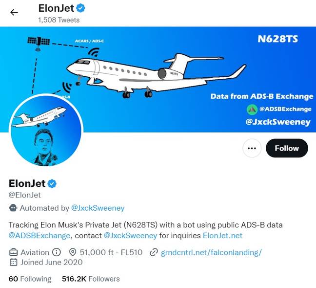 The account is coded to automatically post the journeys made by Elon Musk's private jet. Credit: Twitter/@ElonJet