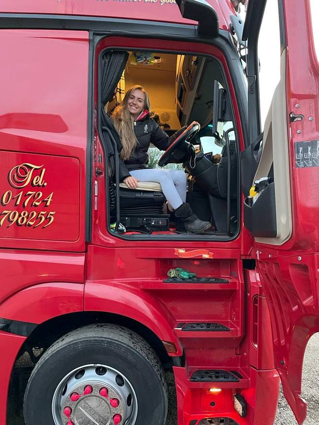 Miss England finalist Milly Everatt in her truck (SWNS)