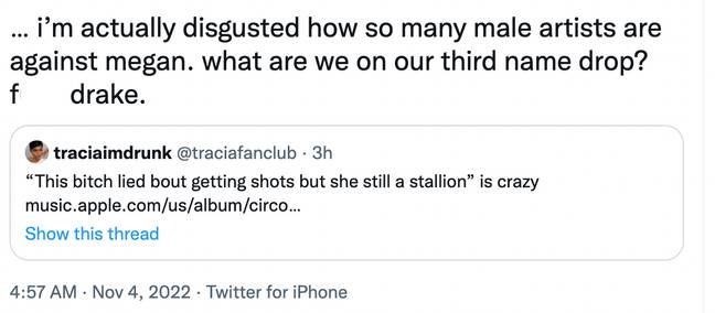 Fans have criticised the apparent reference to Megan Thee Stallion. Credit: Twitter