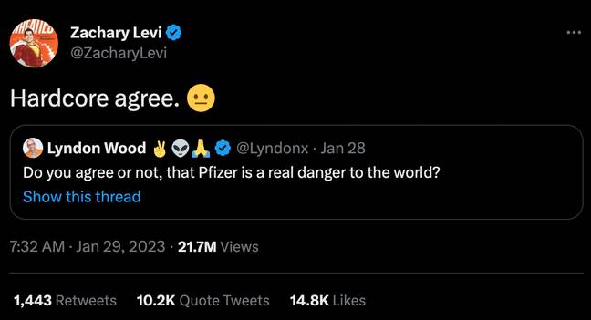 Some people interpreted Levi's response to mean he opposes the Pfizer coronavirus vaccine. Credit: @ZacharyLevi/ Twitter