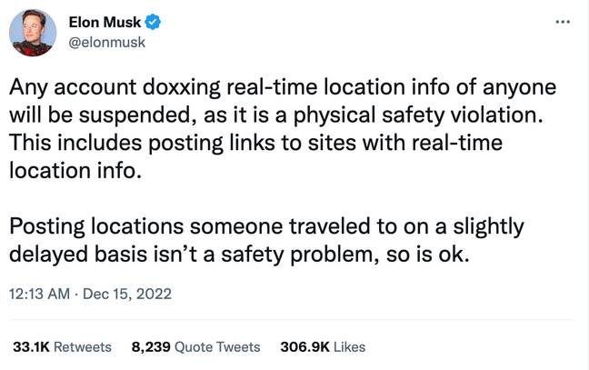 Elon Musk announced any Twitter accounts doxxing real-time location information will be suspended. Credit: Twitter