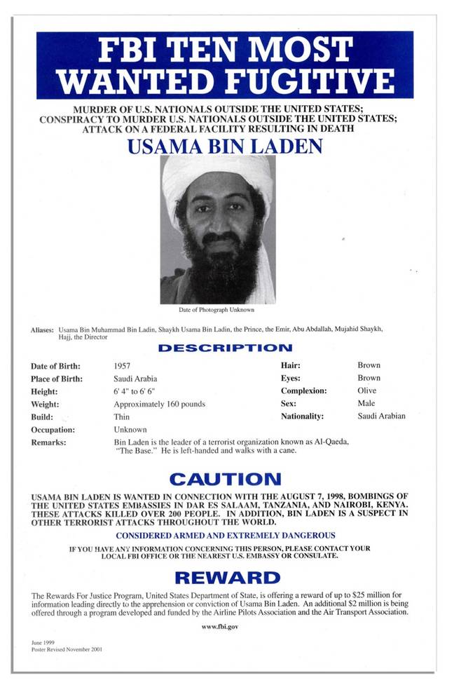 Top Ten Most Wanted notice issued by the FBI for Osama Bin Laden. Credit: Photo 12 / Alamy Stock Photo