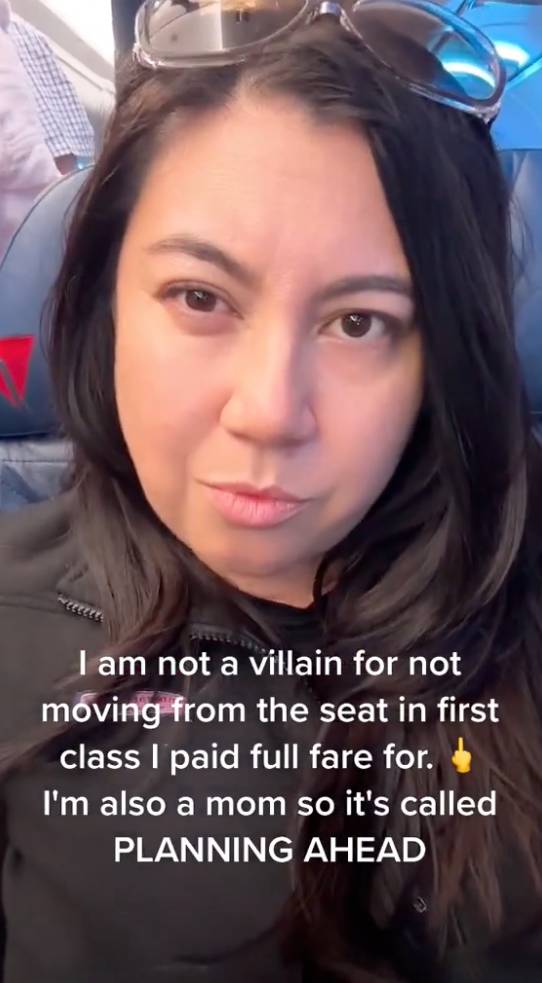 A TikToker has gone viral after she unapologetically refuses to swap plane seats so a family could sit together. Credit: TikTok/@maresasd