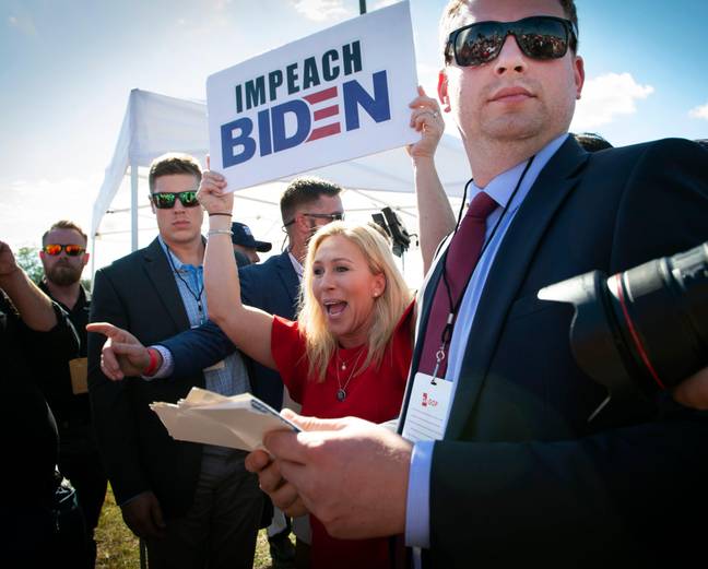 Marjorie Taylor Green at an 'Impeach Biden' rally. Credit: Alamy