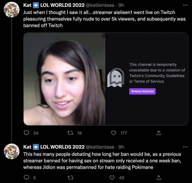 A Twitch streamer has been supposedly banned for masturbating during a livestream. Credit: Twitter