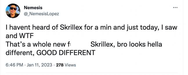 Skrillex's new look comes as he dropped two new singles. Credit: @_NemesisLopez/Twitter