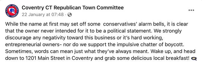 The Coventry Republican Town Committee has since released a statement of support. Credit: Facebook