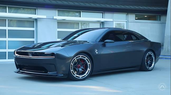 The sleek two-door four seater is just a concept at the moment, but Dodge hopes the new electric model will be a good replacement for the Challenger. Credit: YouTube @stellantis North America