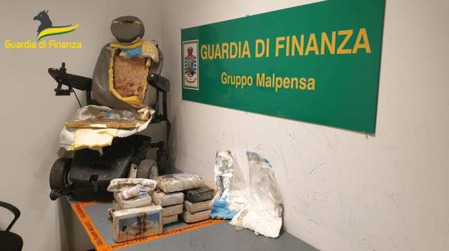 £1.2 million worth of cocaine was found stuffed in the leathy upholstery of the motorized wheelchair. Credit: Guardia di Finanza