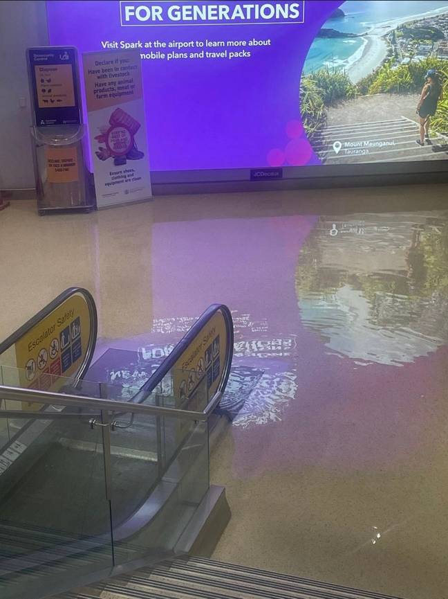 The rain left travellers stuck inside the terminal buildings wading through knee-deep flood water. Credit: Twitter/@tutakirichards