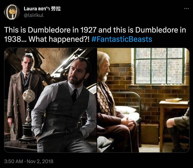 Despite only 11 years having past between the two images, Dumbledore appears to have aged considerably more. Credit: @lsirikul/Twitter
