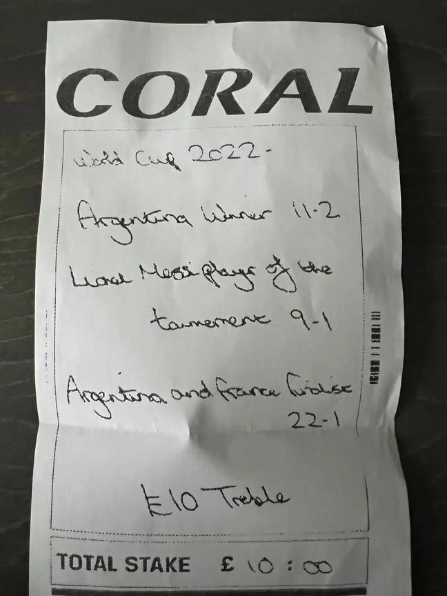 The betting slip Liam expected would take him from £10 to nearly £15,000, only it didn't pay out. Credit: BPM Media