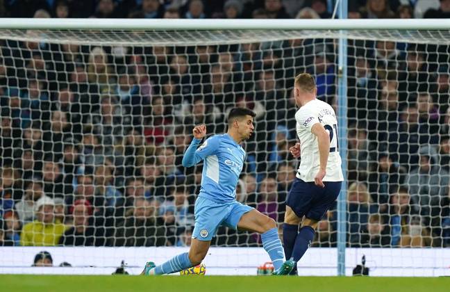 Tottenham Hotspur's Dejan Kulusevski scores his sides first goal of the game during the Premier League match at the Etihad. Image: Alamy
