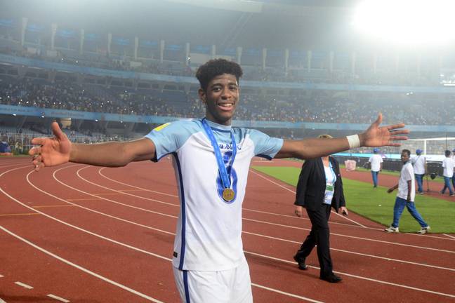 Jonathan Panzo celebrates winning the U17 World Cup after beating Spain in the final. Image credit: Alamy