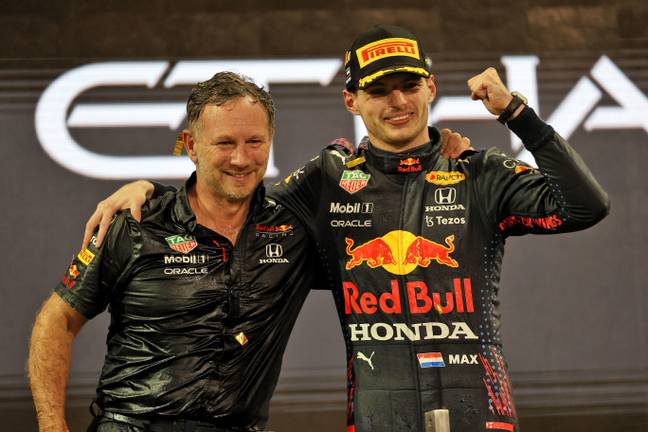 Horner celebrates with Max Verstappen after winning the drivers' world title on Sunday. Image: Alamy