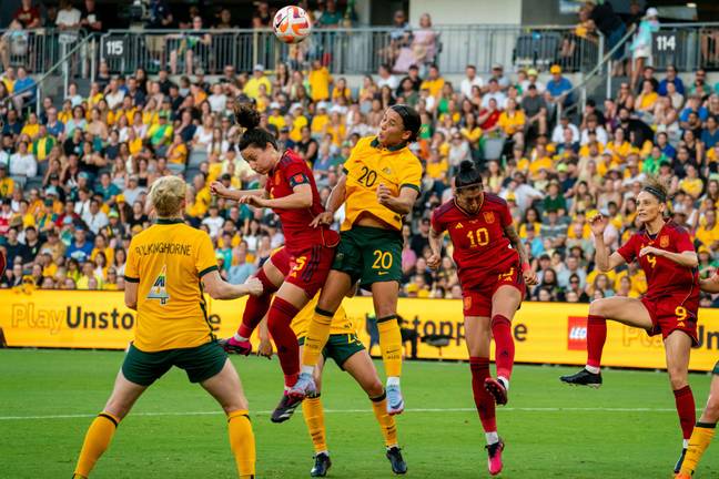 Sam Kerr of the Matildas challenging for the ball.  Credit: SPP Sport Press Photo. / Alamy 