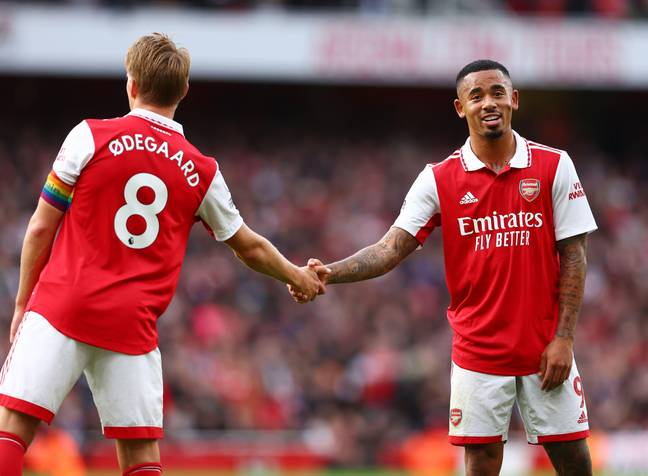 Gabriel Jesus of Arsenal shakes hands with Martin Odegaard of Arsenal during the Premier League match. (Alamy)