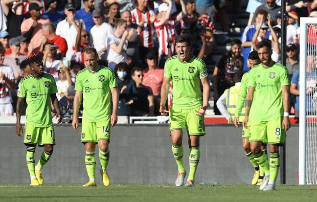Maguire shouts at his teammates during United's 4-0 defeat to Brentford earlier this month. (Image Credit: Alamy)