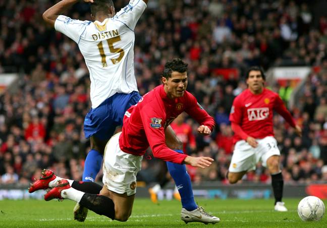 Ronaldo goes down against Portsmouth later that season. Image: PA Images