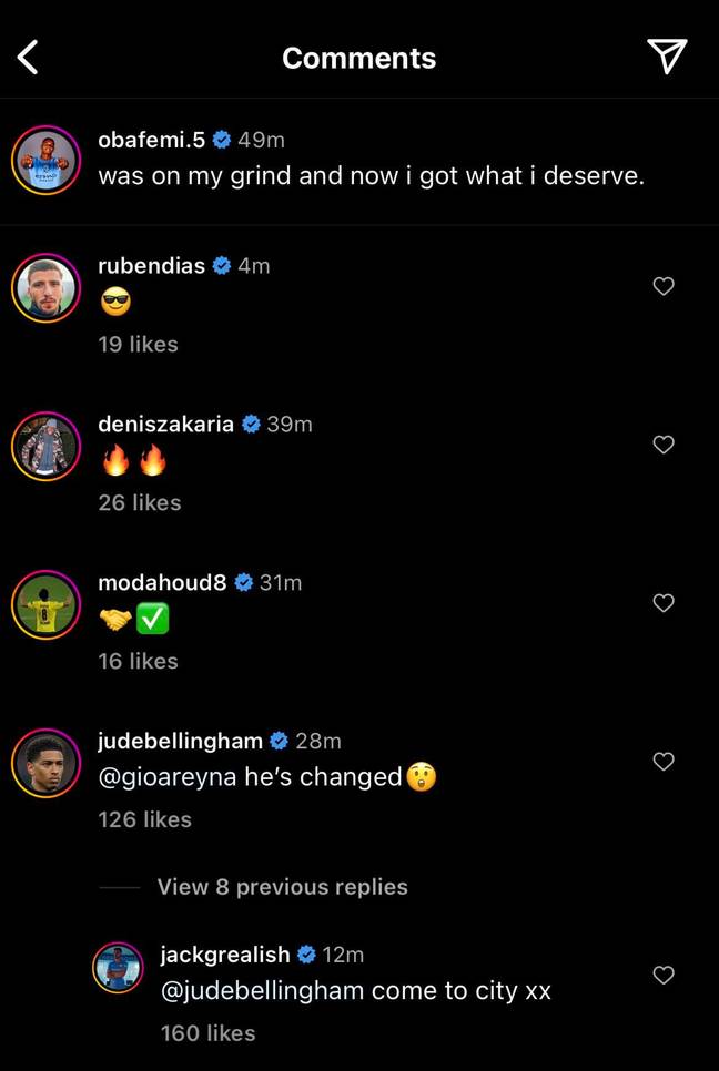 Jack Grealish didn’t pass up the opportunity to tease Jude Bellingham with the idea of a move to Manchester City. Credit: Instagram