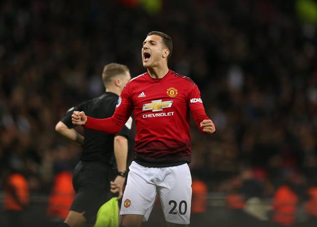 Diogo Dalot celebrates after helping Manchester United defeat Tottenham 1-0 at Wembley Stadium in January 2019 | Credit: Alamy