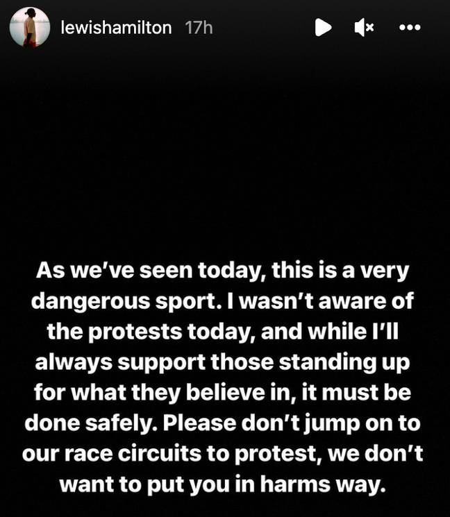 Hamilton's message on social media. Image: Instagram 