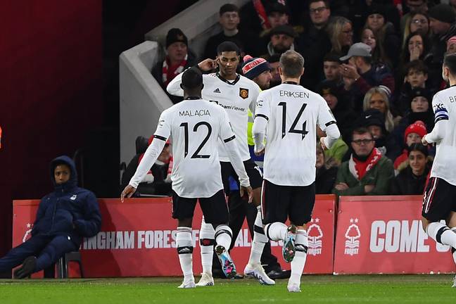 United players celebrate with Rashford against Nottingham Forest. (Image Credit: Alamy)