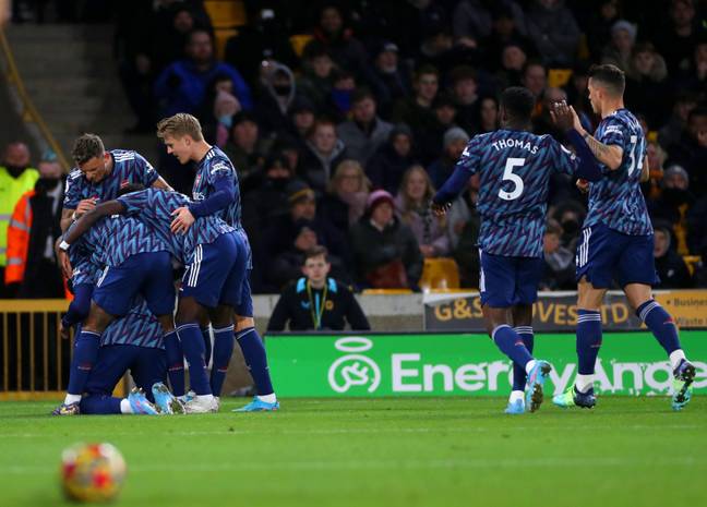 Arsenal players celebrate their goal. Image: PA Images