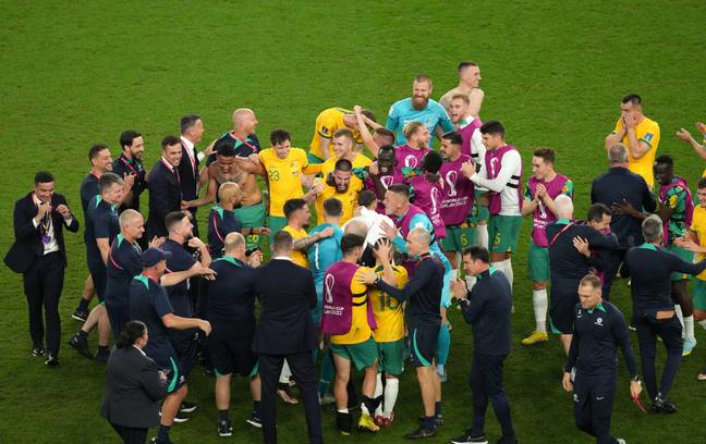 Australia celebrate after beating Denmark. Image: Alamy 