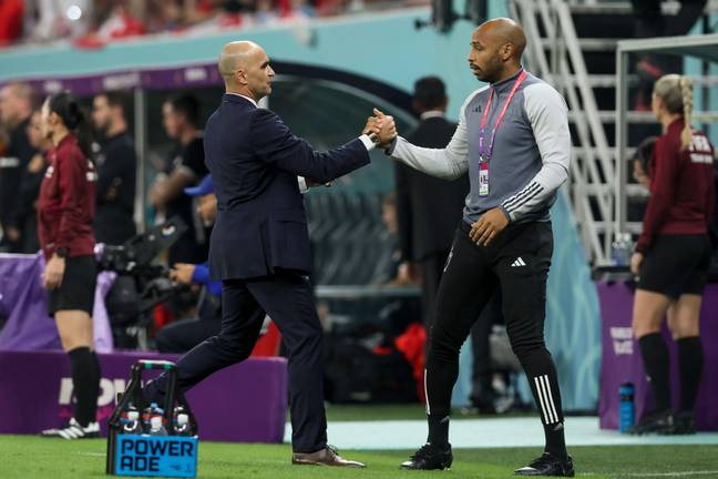 Thierry Henry shakes hands with Roberto Martinez following Belgium's win over Canada. Image: Alamy