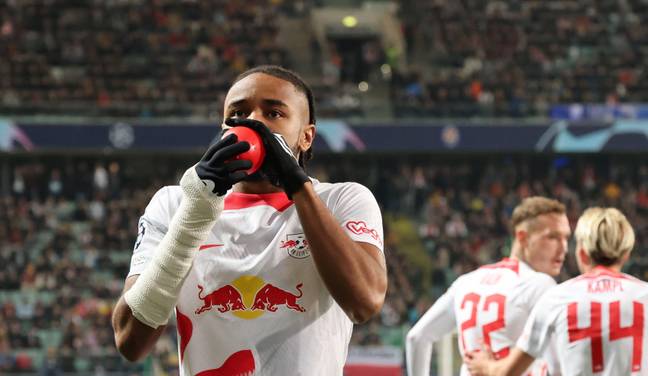 Nkunku blew up a balloon after scoring for RB Leipzig (Image: Alamy)