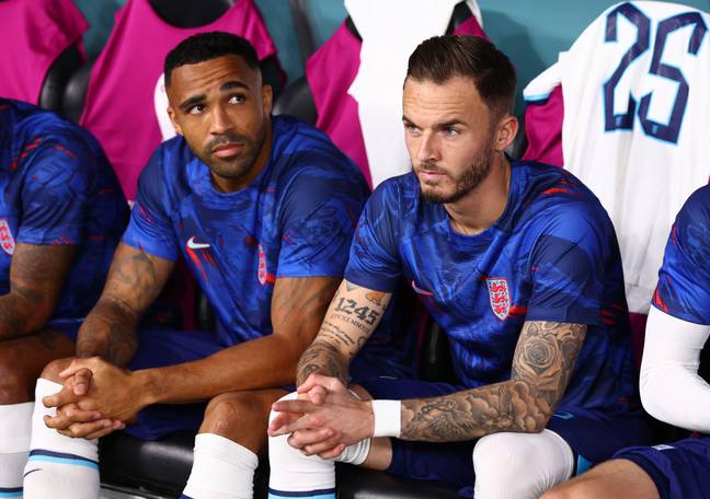 Newcastle striker Callum Wilson [left] with Leicester City star James Maddison [right] on the England bench at the World Cup in Qatar. Credit: Alamy