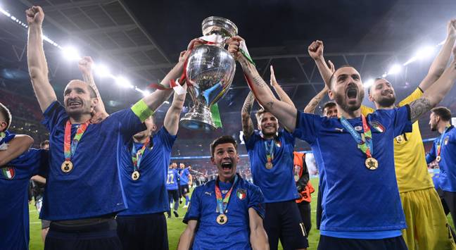 Chiellini celebrates winning Euro 2020 with teammate Leonardo Bonucci. Image: PA Images