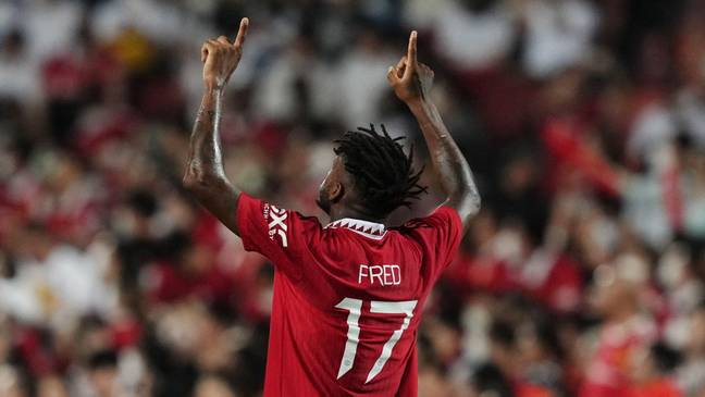 Fred celebrates scoring against Liverpool. (Alamy)