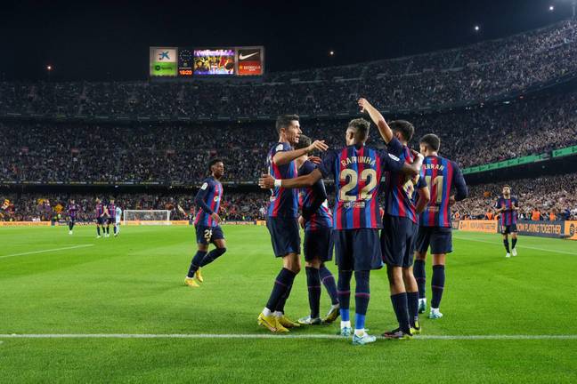 Barcelona players celebrate Pedri's goal in their win over Celta Vigo. Image: Alamy