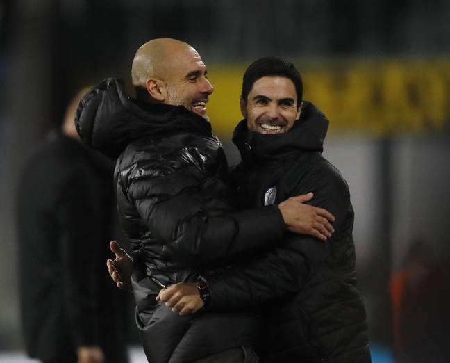 Pep Guardiola and Mikel Arteta celebrate during their time together at Manchester City. Image: Alamy