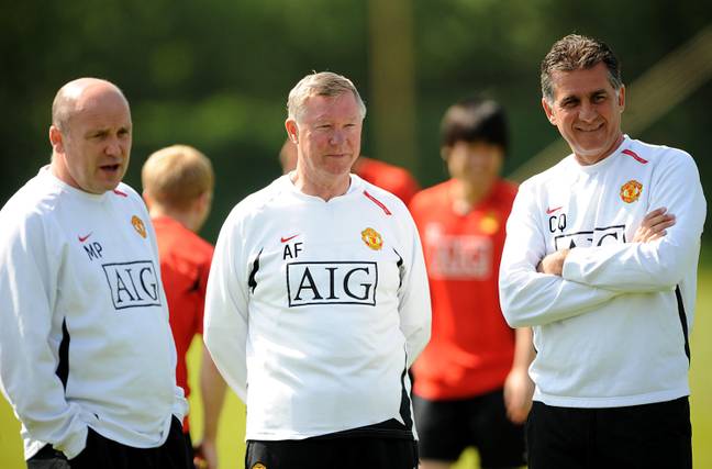 Sir Alex Ferguson with Manchester United coaches Mike Phelan and Carlos Queiroz in 2008. (Alamy)