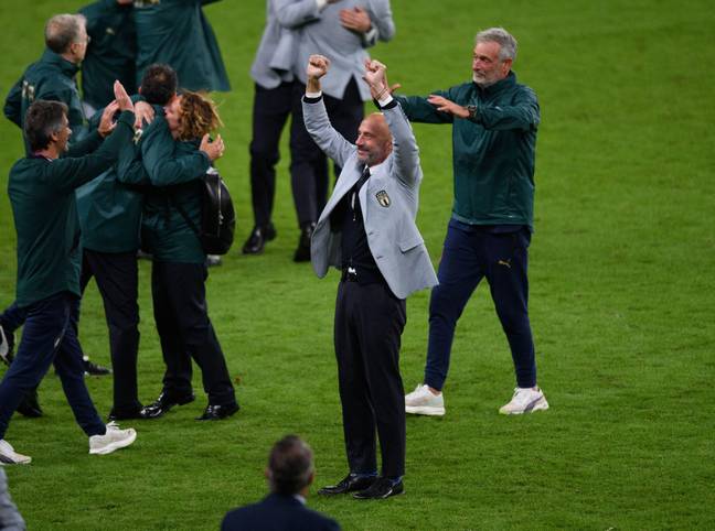 Vialli celebrates on the Wembley pitch after Italy's win on penalties. Image: Alamy 