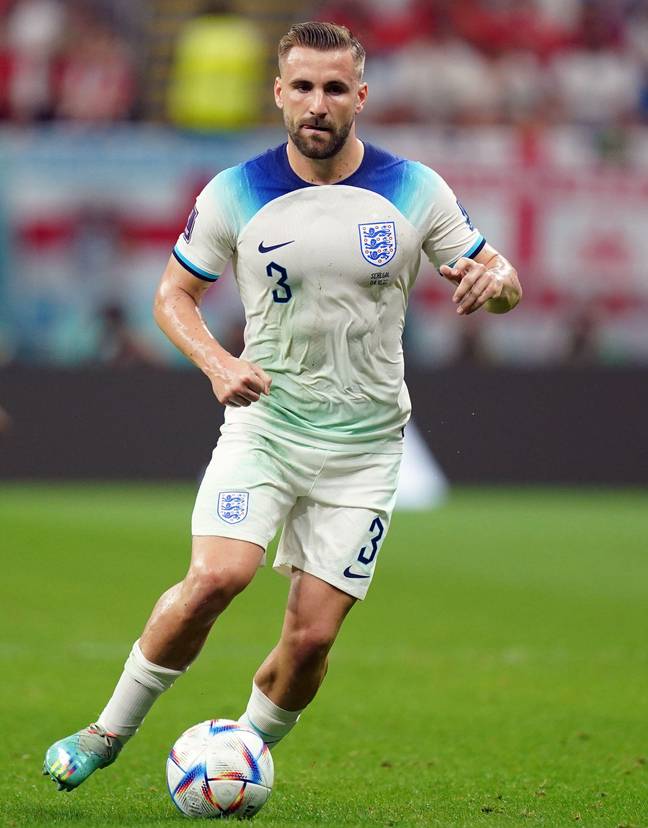 Luke Shaw had the green stains marked across his shirt throughout the round of 16 tie. Image credit: Alamy