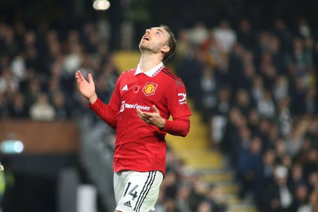 Christian Eriksen with his hands in the air after missing the chance to double his United goal tally at the end of the first half at Craven Cottage. (Alamy)