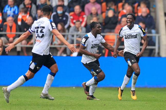 Ebiowei celebrates his goal against Blackpool. Image: Alamy