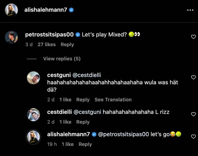 Petros Tsitsipas sent a request to Alisha Lehmann on Instagram, and the Aston Villa Women star responded to the Greek tennis player. Credit: Alisha Lehmann/Instagram
