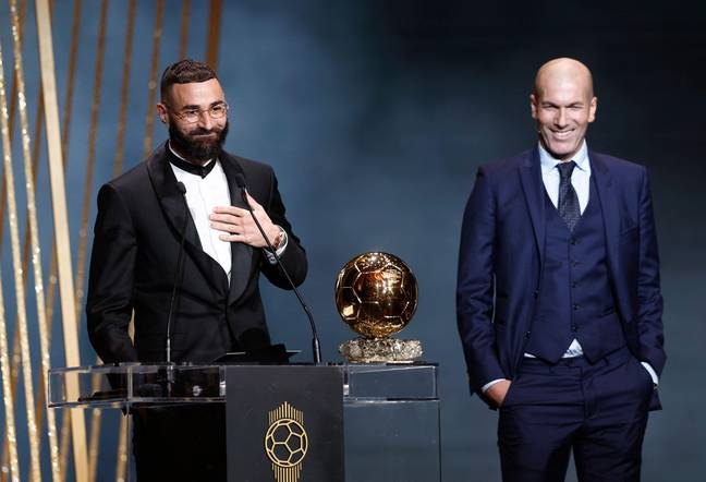 Karim Benzema and Zinedine Zidane on stage during the Ballon d'Or ceremony. Image: Alamy 